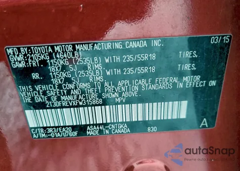 2015 Toyota Rav4 Limited z USA, uszkodzony, nr VIN 2T3DFREVXFW315868